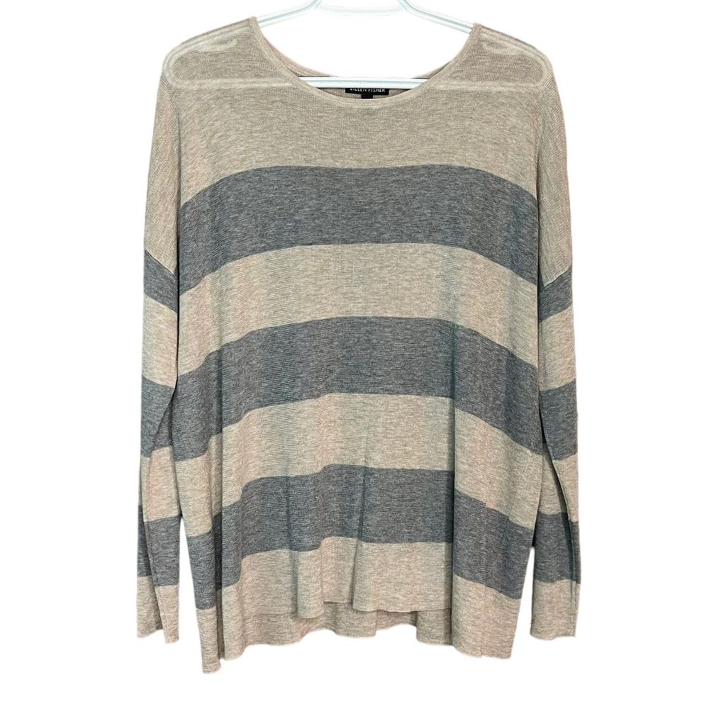 Eileen Fisher Stripe Top Sleek Lyocell Merino Long Sleeve Womens Sz Large